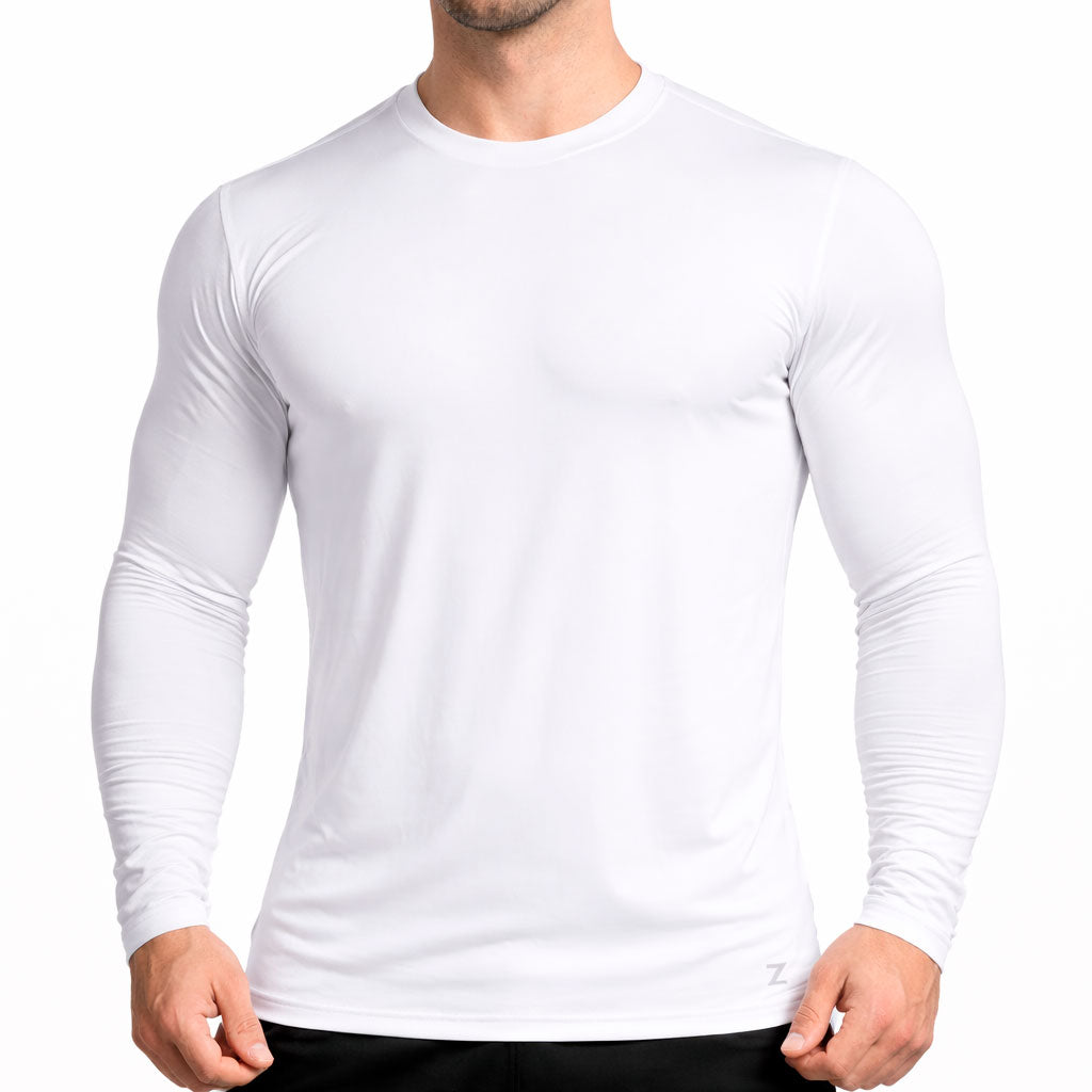Camiseta Masculina Branca Manga Longa com Ajuste ao Corpo, Elasticidade e Tecido Respirável