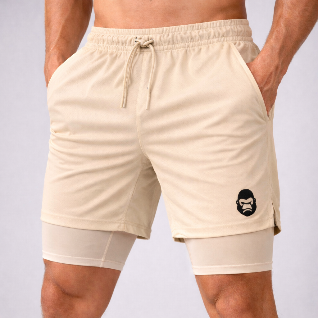 Short Dry Fit Masculino 2 em 1 com Bolso interno - Bege
