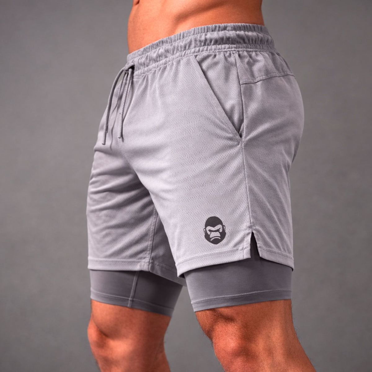 Short Dry Fit Masculino 2 em 1 com Bolso interno - Cinza